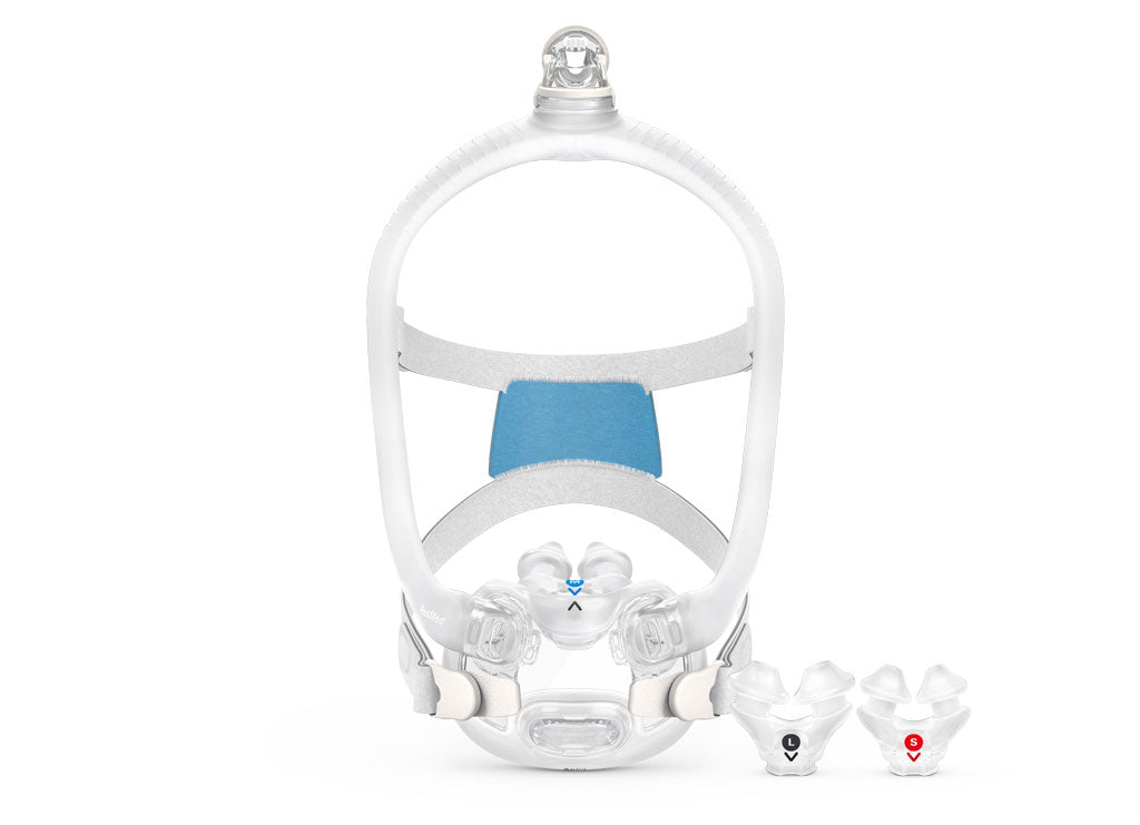 Front view of the ResMed F30i oral CPAP mask with additional nasal pillows displayed beside the mask.