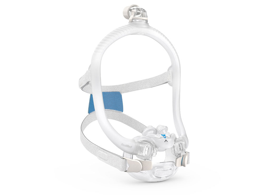 Right-angled view of the ResMed F30i oral CPAP mask highlighting the nasal cushion and hose connection.